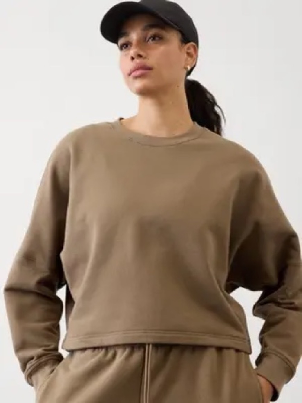 Athleta Forever Fleece Dolman Crop Crewneck  Sweatshirt In Toasted Brown Heather